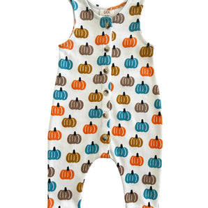 SIIX Collections Organic Jumpsuit, Pumpkin Patch: A sleeveless, comfy pumpkin-patterned romper made from organic cotton in India.
