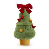 Jellycats Amuseables Christmas Tree plush features a smiling face, red bows, round ornaments, and sits in a soft velour pot.
