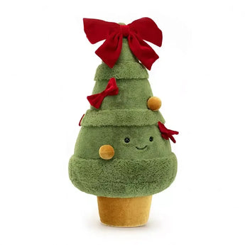 Jellycats Amuseables Christmas Tree plush features a smiling face, red bows, round ornaments, and sits in a soft velour pot.
