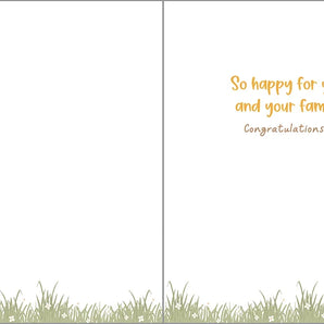 Baby Card by Gina B Designs: Lion, koala & giraffe in hammock. Text: Congratulations! So happy for you and your family!.