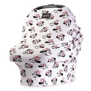 Milk Snobs Cover: Disneys Minnie Mouse, pink-bowed cartoon mouse faces perfect for a multifunctional white baby car seat cover.
