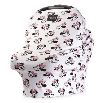 Milk Snobs Cover: Disneys Minnie Mouse, pink-bowed cartoon mouse faces perfect for a multifunctional white baby car seat cover.