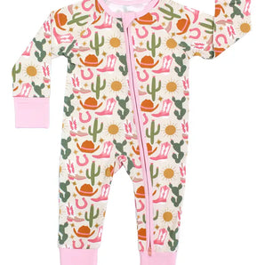 Emerson and Friends Sleeper, Hey Yall: buttery soft bamboo onesie with pink trim, Western print, and a two-way zipper.