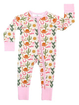 Emerson and Friends Sleeper, Hey Yall: buttery soft bamboo onesie with pink trim, Western print, and a two-way zipper.