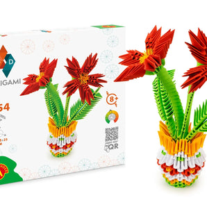 3D Origami Flowerpot by Hotaling Imports: Assemble ready-made red flowers in a yellow pot. Suitable for ages 8+. Box shows model.