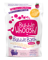 Loot Toys Whoosh Bath Bubble in Raspberry offers a moisturizing foaming bath with playful pink and white packaging adorned with fruit graphics.