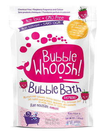 Loot Toys Whoosh Bath Bubble in Raspberry offers a moisturizing foaming bath with playful pink and white packaging adorned with fruit graphics.