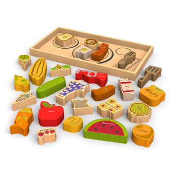 Begin Agains Alphabites Wooden Puzzle Set includes corn, apple, watermelon, honey jar & more on a tray for play kitchens.