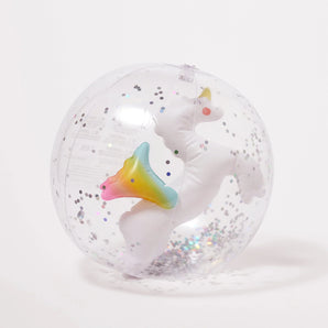 Sunnylifes 3D Inflatable Beach Ball features a vibrant unicorn and silver confetti inside a clear, non-toxic PVC shell.