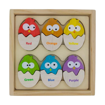 The Color N Eggs by Begin Again features six colorful egg-shaped chicks to boost fine motor skills.