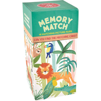 Floss and Rocks Jungle Memory Game features a colorful lion and toucan box and includes 18 matching pairs to boost cognitive skills.