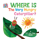 Bright cover with caterpillar on a leaf and sun, titled Where Is The Very Hungry Caterpillar?—a Random House lift-the-flap board book.