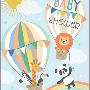 Gina B Designs Baby Card: Glittery animals (lion, giraffe, zebra, toucan, panda) in hot air balloons float among sun and clouds.