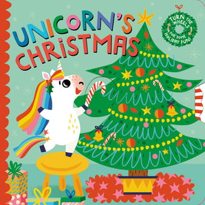 The Unicorns Christmas Board Book by Random House features a unicorn with a candy cane beside a festive tree on its colorful cover.