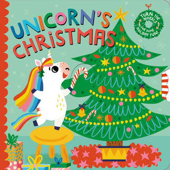 The Unicorns Christmas Board Book by Random House features a unicorn with a candy cane beside a festive tree on its colorful cover.