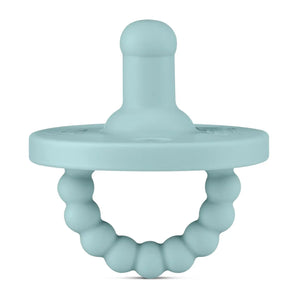 The Round Pacifier and Teether, Seaside by Ryan & Rose is teal, made from medical-grade silicone, and features a beaded ring handle.
