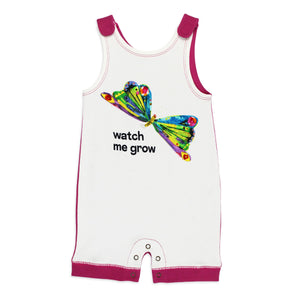 Lovedbabys Watch Me Grow Organic Sleeveless Romper: white with colorful butterfly, pink trim, and snap closures.