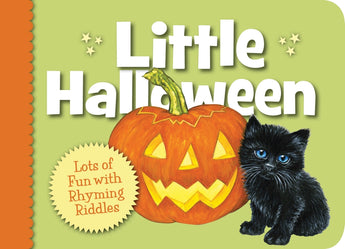 Cover: Little Halloween Board Book by Sleeping Bear Press, features a pumpkin, black kitten & text bubble: Lots of Fun & Rhyming Riddles.