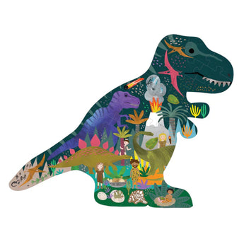 40 Piece Puzzle, Dinosaur: A vibrant Floss and Rock creation filled with lively scenes of people, plants, and prehistoric creatures.