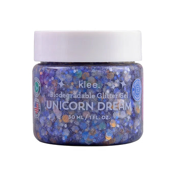 Klee Naturals Biodegradable Glitter Gel, 30 ml, features ocean-safe blue and silver glitter for a magical shine.