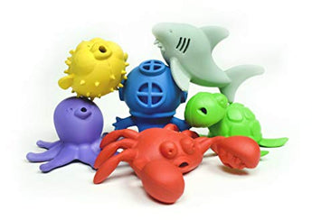 Bathtub Pals by Begin Again: Colorful, non-toxic toys featuring a shark, turtle, pufferfish, and sea creatures with a diver helmet.