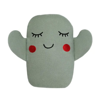 The Emerson and Friends Bamboo Pillow, Cactus, is ultra-soft and features a smiling face with closed eyes and red cheeks on white.