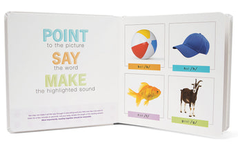 In Smart Noggins Baby’s First Book of 44 Sounds, point and mimic English sounds for images: ball, hat, fish, and goat.