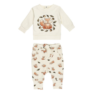The cream-colored Lovedbaby Organic Sweatshirt & Jogger Set features a fox and leaves design with matching orange fox joggers.