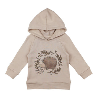 The Lovedbaby Organic Hoodie Prickles is beige with a hedgehog and leaves print, crafted from eco-friendly organic cotton.