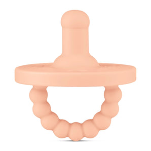 Peach Round Pacifier and Teether by Ryan & Rose features medical-grade silicone, a textured ring handle, and a dual-use round tip.