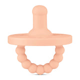 Peach Round Pacifier and Teether by Ryan & Rose features medical-grade silicone, a textured ring handle, and a dual-use round tip.