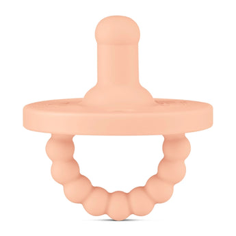 Peach Round Pacifier and Teether by Ryan & Rose features medical-grade silicone, a textured ring handle, and a dual-use round tip.