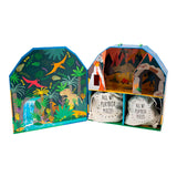 Floss and Rocks Play Box with Wooden Pieces features a Jurassic jungle scene with illustrated dinosaurs and plants for imaginative fun.