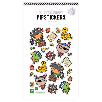 Pipsticks Puffy Pirates sticker sheet: pirate kids, treasure chest, parrot, ship wheel, map, sword & glittery gem accents.