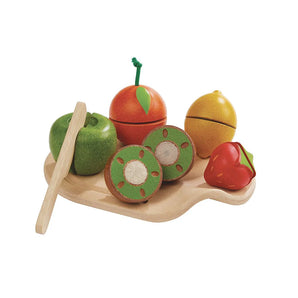 The PlanToys Assorted Fruit Set includes a wooden play set with sliceable apple, orange, lemon, kiwi & strawberry with a toy knife & board.