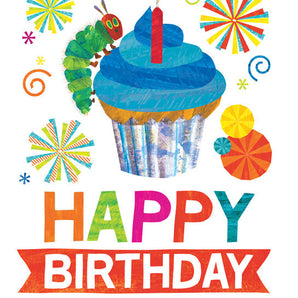 A colorful cupcake, confetti, and nod to The Very Hungry Caterpillar make a perfect scene for this birthday gift book by Random House!.
