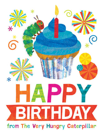A colorful cupcake, confetti, and nod to The Very Hungry Caterpillar make a perfect scene for this birthday gift book by Random House!.
