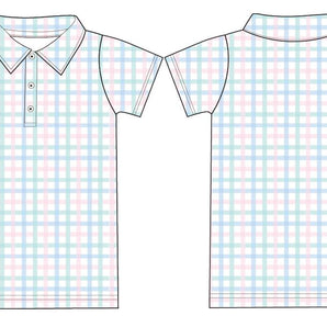 Front and back views of Birdie Beans Pastel Gingham Polo Shirt featuring short sleeves, breathable fabric, and a buttoned collar.
