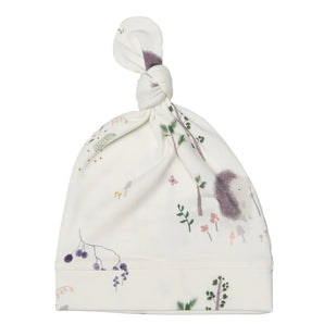 LouLou Lollipops Top Knot Beanie in organic cotton features a hedgehog design.