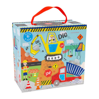 Floss and Rocks Play Box with Wooden Pieces, Construction: perfect for imaginative play with digger, worker, and tool illustrations.