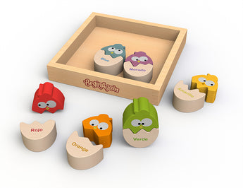 Color N Eggs features wooden owl puzzles with English/Spanish colors. Includes a Begin Again tray to enrich language learning.