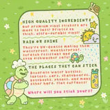 Info card shows a turtle and sun, highlighting Turtle Soups Its Chili Pepper Cold vinyl stickers as waterproof and durable on any surface.