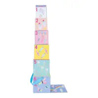 Pastel boxes numbered 1-6 with unicorns & rainbows, perfect for Stack & Play fantasy adventures. By Floss and Rock.