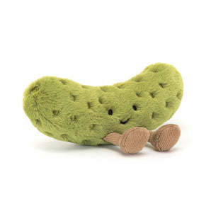 Jellycats Amuseable Pickle toy features a smiley face and brown corduroy legs, sitting upright for endless fun.