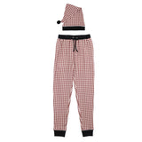 The Lovedbaby Adult Holiday Jogger & Cap in Crimson Plaid features black cuffs and waistband, paired with a Santa hat with black pom-pom.