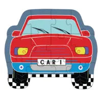The Floss and Rock 12 Piece Puzzle features a red car with CAR 1 plate on a checkered background, enhancing cognitive skills.