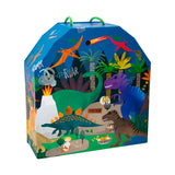 Floss and Rocks Play Box with Wooden Pieces: Dinosaur theme with T-rex, pterodactyls, volcanoes, Roar, and a Jurassic jungle setting.