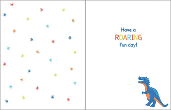 This Gina B Designs Birthday Card, Dino features colorful stars, a blue dinosaur, red foil accents, and Have a ROARING fun day! text.