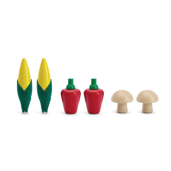 Produce Set D: two ears of corn, two bell peppers, and two mushrooms made of wood.