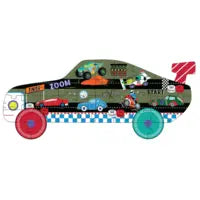 The 40 Piece Puzzle by Floss and Rock features a race car shape with colorful racing and cartoon designs, ideal for car enthusiasts.